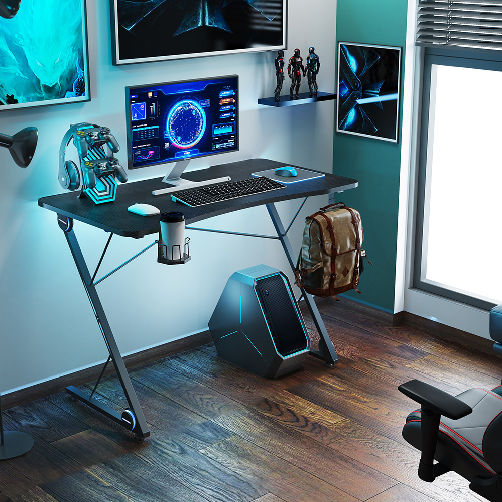 Home Office 43" Computer Desk with LED Lights, Large Carbon Fiber Surface and Z-Shaped Legs, for Game Room, Office, Study Room - Black