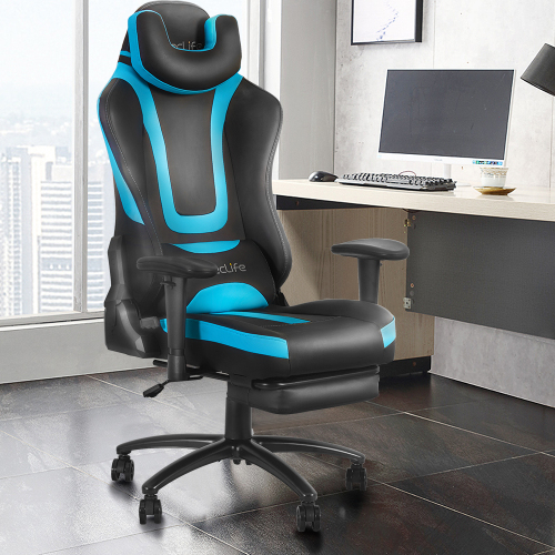 Home Office PU Leather Rotatable Massage Gaming Chair Height Adjustable with Ergonomic High Backrest and Casters - Blue