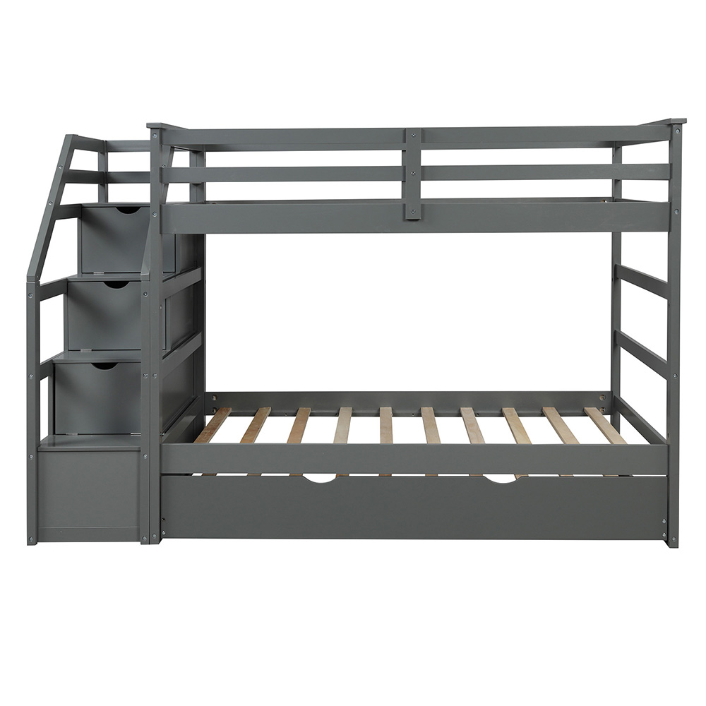 Twin-Over-Twin Size Bunk Bed Frame with Trundle Bed, 3 Storage Stairs, and Wooden Slats Support, No Spring Box Required (Frame Only) - Gray