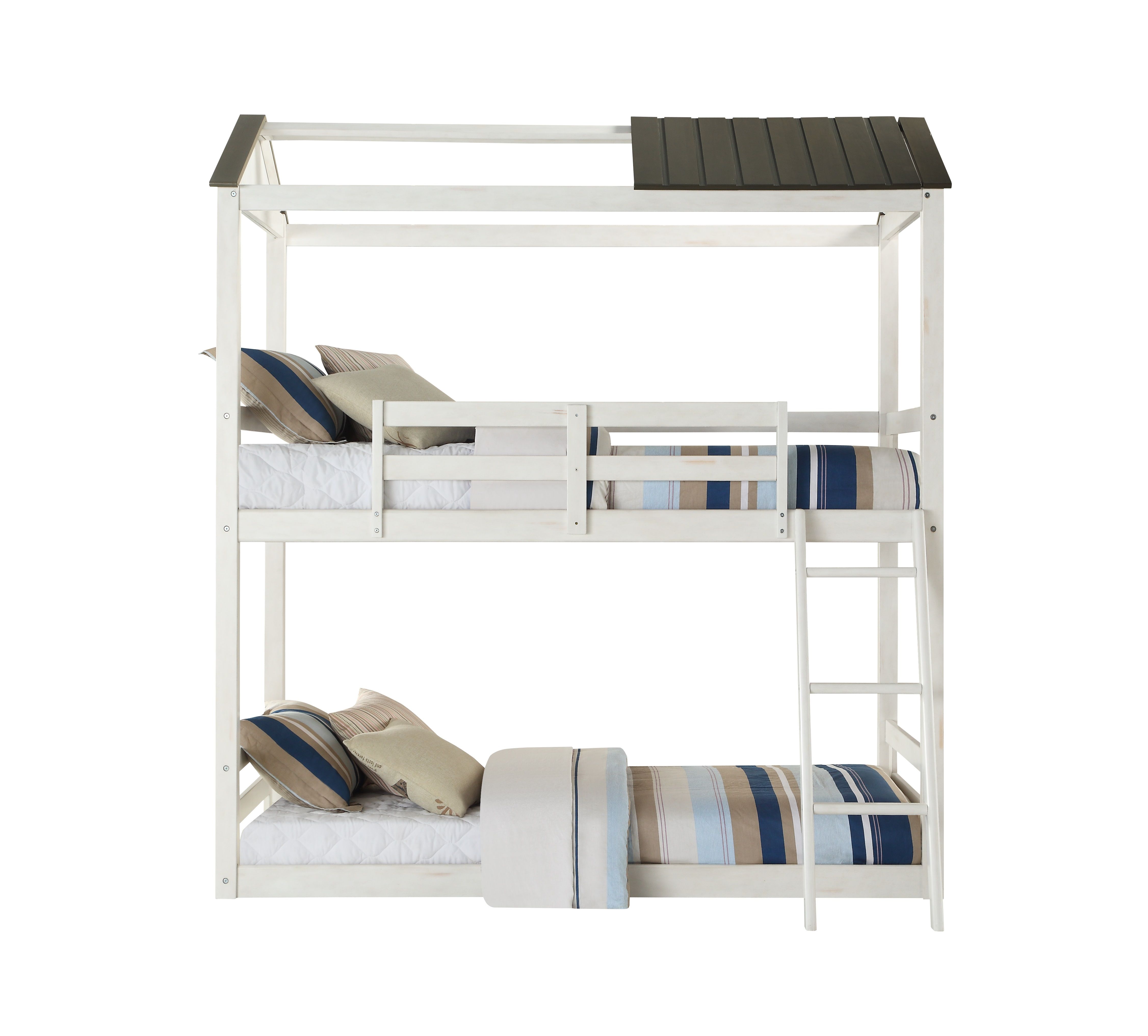 ACME Nadine House-Shaped Twin-Over-Twin Size Bunk Bed Frame with Ladder, and Wooden Slats Support, No Spring Box Required (Frame Only) - White