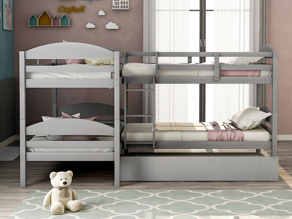 Twin-Over-Twin Size L-Shaped Bunk Bed Frame with Trundle Bed, Ladder, and Wooden Slats Support, No Spring Box Required (Frame Only) - Gray