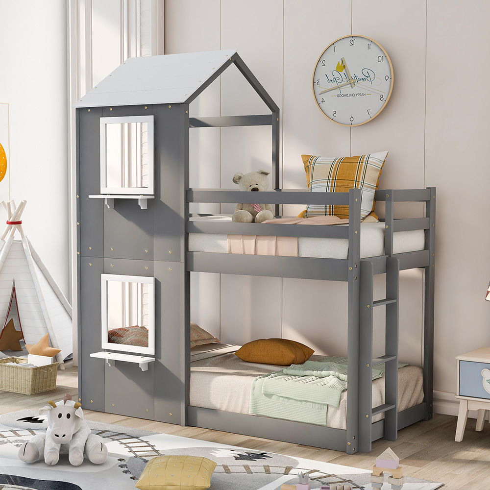 Twin-Over-Twin Size House-Shaped Bunk Bed Frame with Ladder, and Wooden Slats Support, No Spring Box Required (Frame Only) - Gray