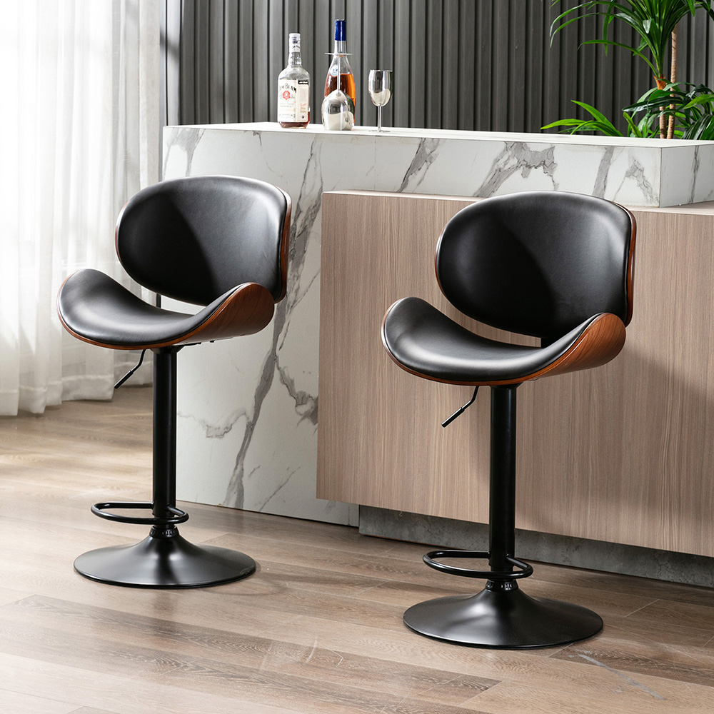 HengMing PU Leather Adjustable Bar Chair Set of 2, for Restaurant, Cafe, Tavern, Office, Living Room - Black