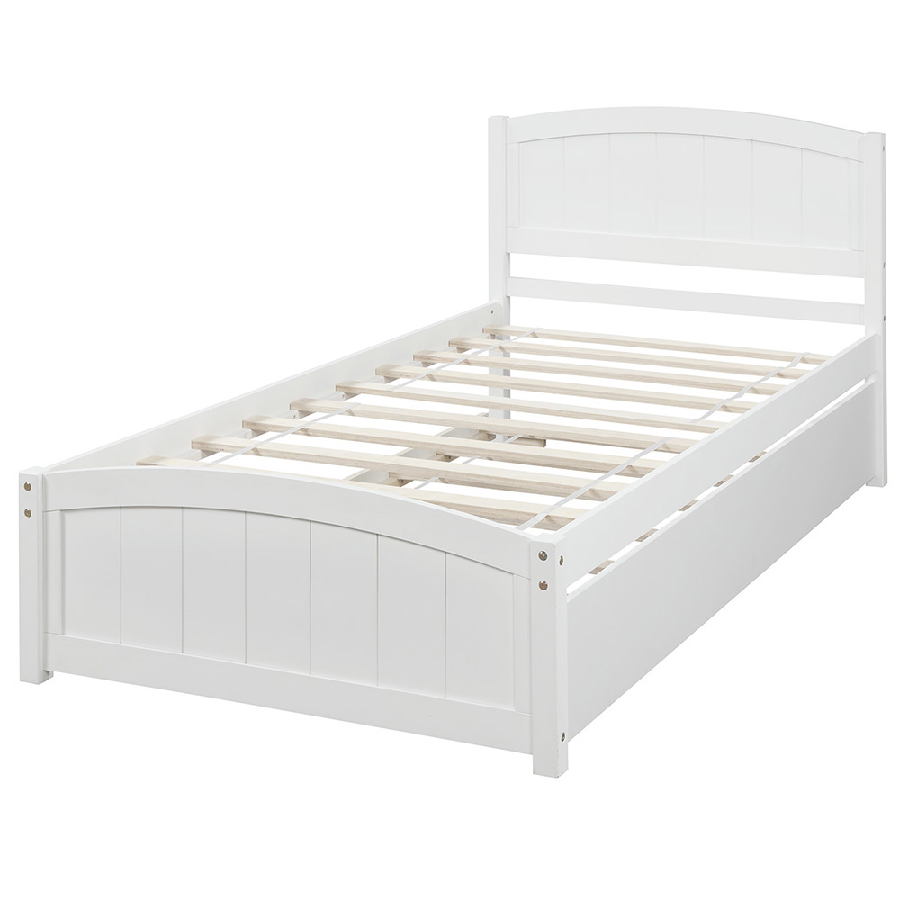 Twin-Size Platform Bed Frame with Trundle Bed, Headboard, and Wooden Slats Support, No Box Spring Needed (Only Frame) - White
