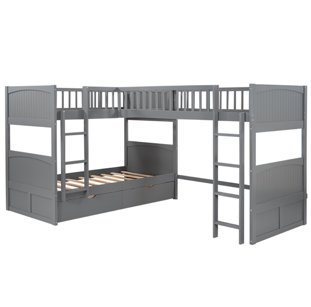 Twin-Over-Twin Size L-Shaped Bunk Bed Frame with Loft Bed, 2 Storage Drawers, and Wooden Slats Support, No Spring Box Required (Frame Only) - Gray