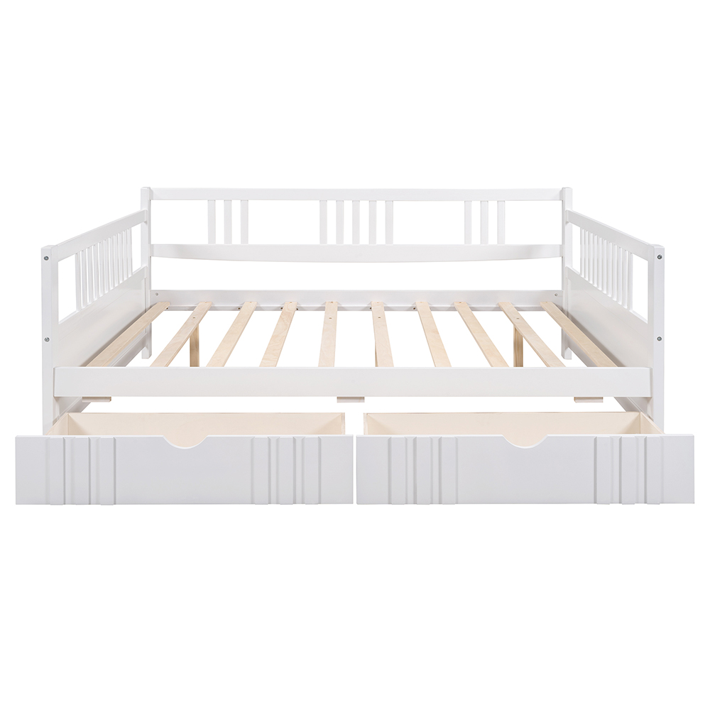 Full Size Daybed with 2 Storage Drawers, and Wooden Slats Support, Space-saving Design, No Box Spring Needed - White