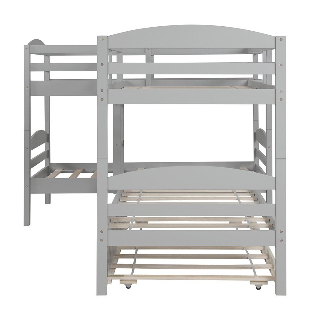 Twin-Over-Twin Size L-Shaped Bunk Bed Frame with Trundle Bed, Ladder, and Wooden Slats Support, No Spring Box Required (Frame Only) - Gray