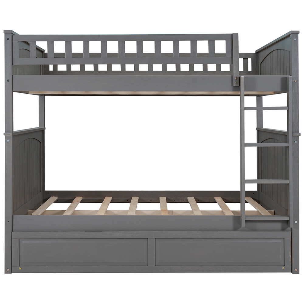 Full-Over-Full Size Bunk Bed Frame with Trundle Bed, and Wooden Slats Support, No Spring Box Required (Frame Only) - Gray