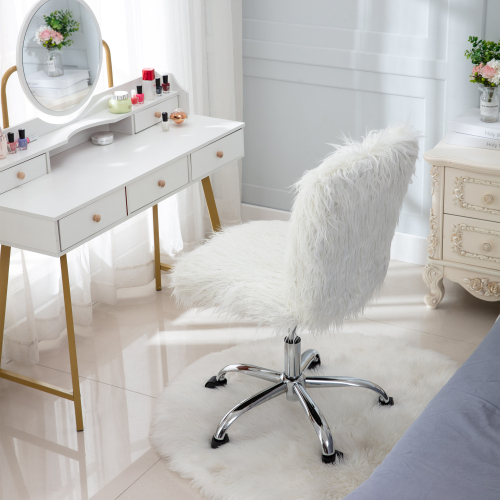 HengMing Faux Fur Swivel Chair Height Adjustable with Backrest and Casters for Living Room, Bedroom, Dining Room, Office - White