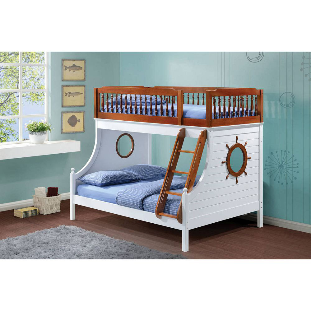 ACME Farah Twin-Over-Full Size Bunk Bed Frame with Ladder, and Wooden Slats Support, No Spring Box Required (Frame Only) - Oak + White