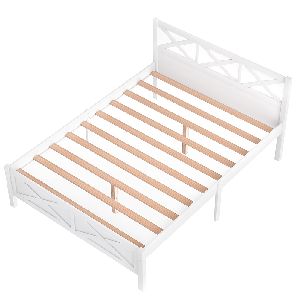 Full Size Wooden Platform Bed Frame with High Legs and Wooden Slats - White