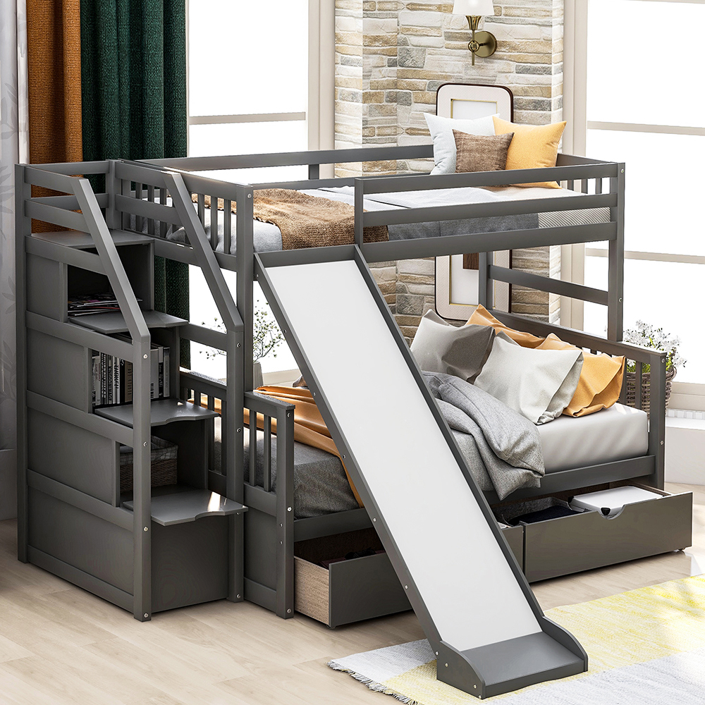 Twin-Over-Full Size Bunk Bed Frame with 2 Drawers, Storage Stairs, and Wooden Slats Support, No Spring Box Required (Frame Only) - Gray