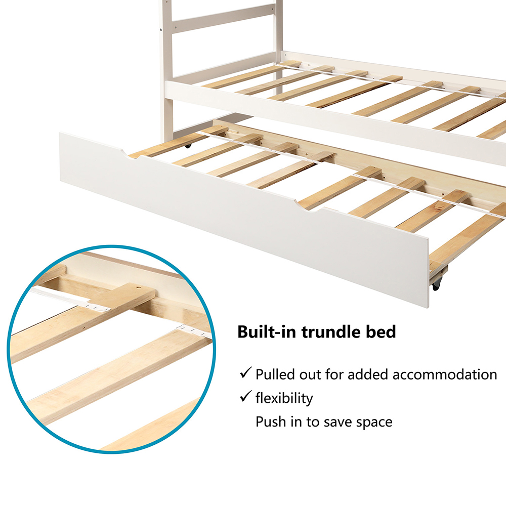 Twin-Over-Twin Size Bunk Bed Frame with Trundle Bed, 3 Storage Stairs, and Wooden Slats Support, No Spring Box Required (Frame Only) - White