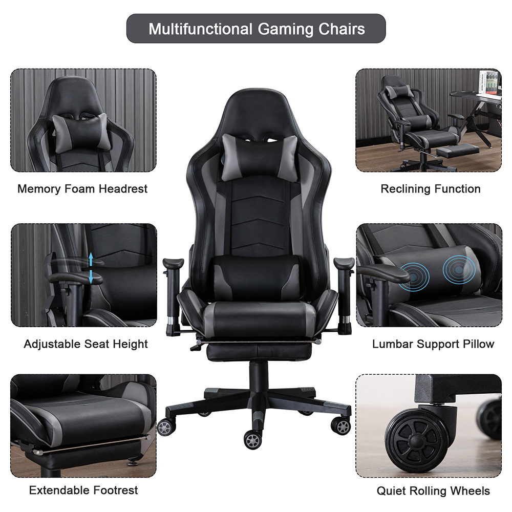 Home Office PU Leather Massage Video Gaming Chair Height Adjustable with Footrest, Headrest, Ergonomic High Backrest and Casters - Gray