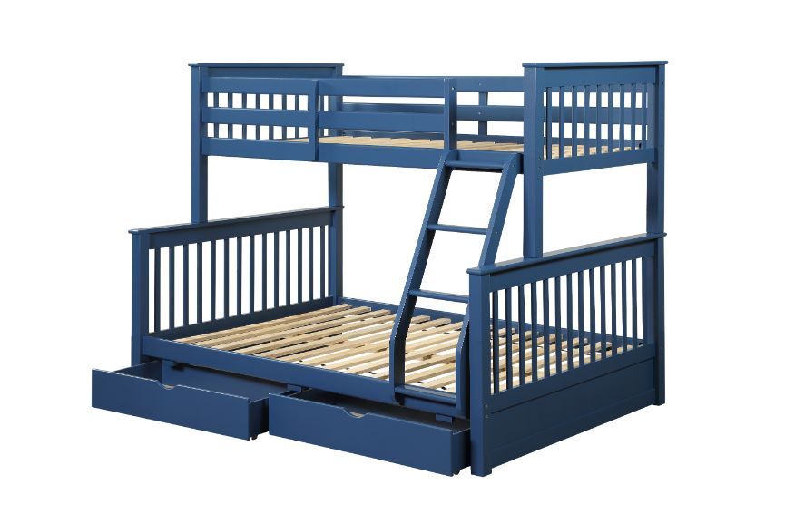 ACME Harley Twin-Over-Full Size Bunk Bed Frame with 2 Storage Drawers, and Wooden Slats Support, No Spring Box Required (Frame Only) - Blue