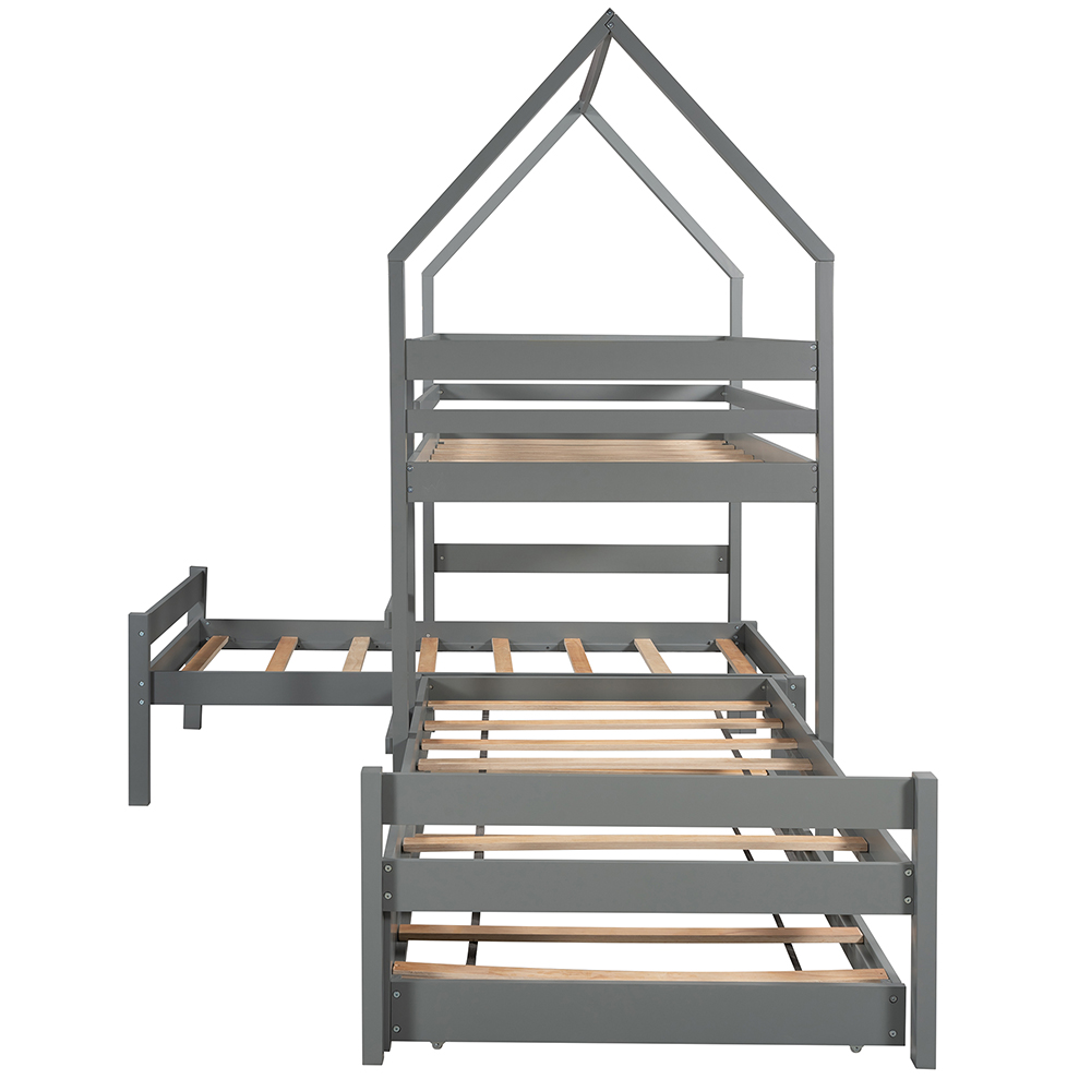 Twin-Over-Twin Size House-Shaped Bunk Bed Frame with Trundle Bed, and Wooden Slats Support, No Spring Box Required (Frame Only) - Gray