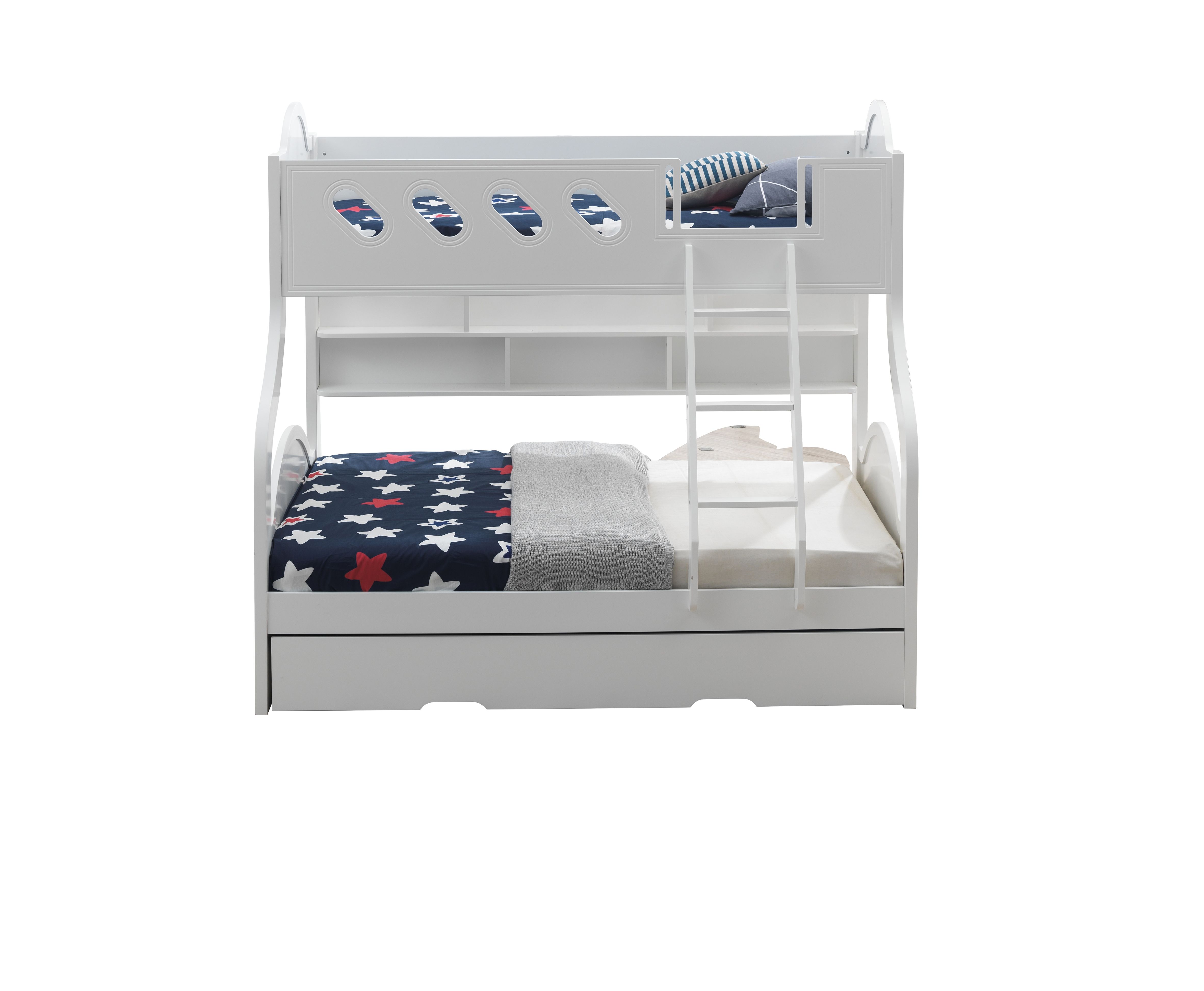 ACME Grover Twin-Over-Full Size Bunk Bed Frame with Storage Shelves, and Wooden Slats Support, No Spring Box Required (Frame Only) - White