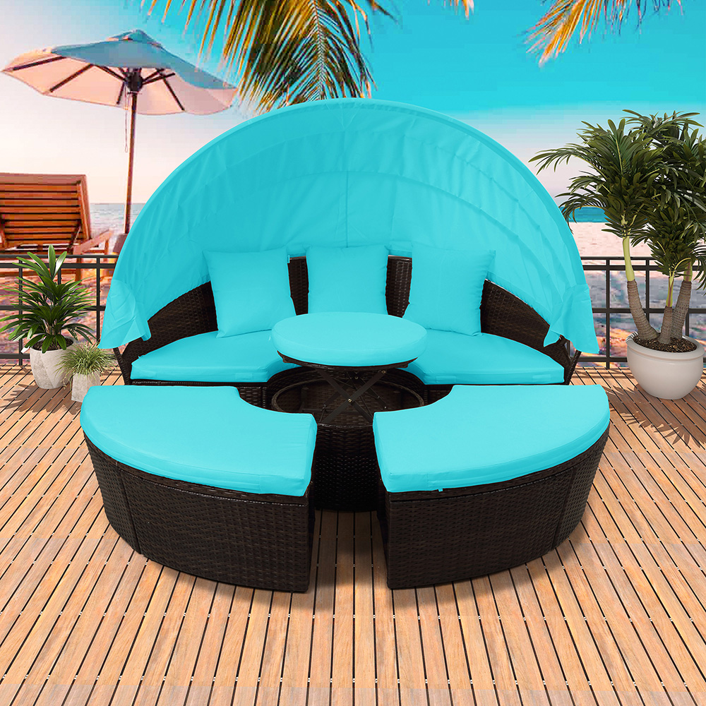 TOPMAX Patio Round Rattan Daybed with Retractable Canopy, Separate Seating and Removable Cushion - Blue