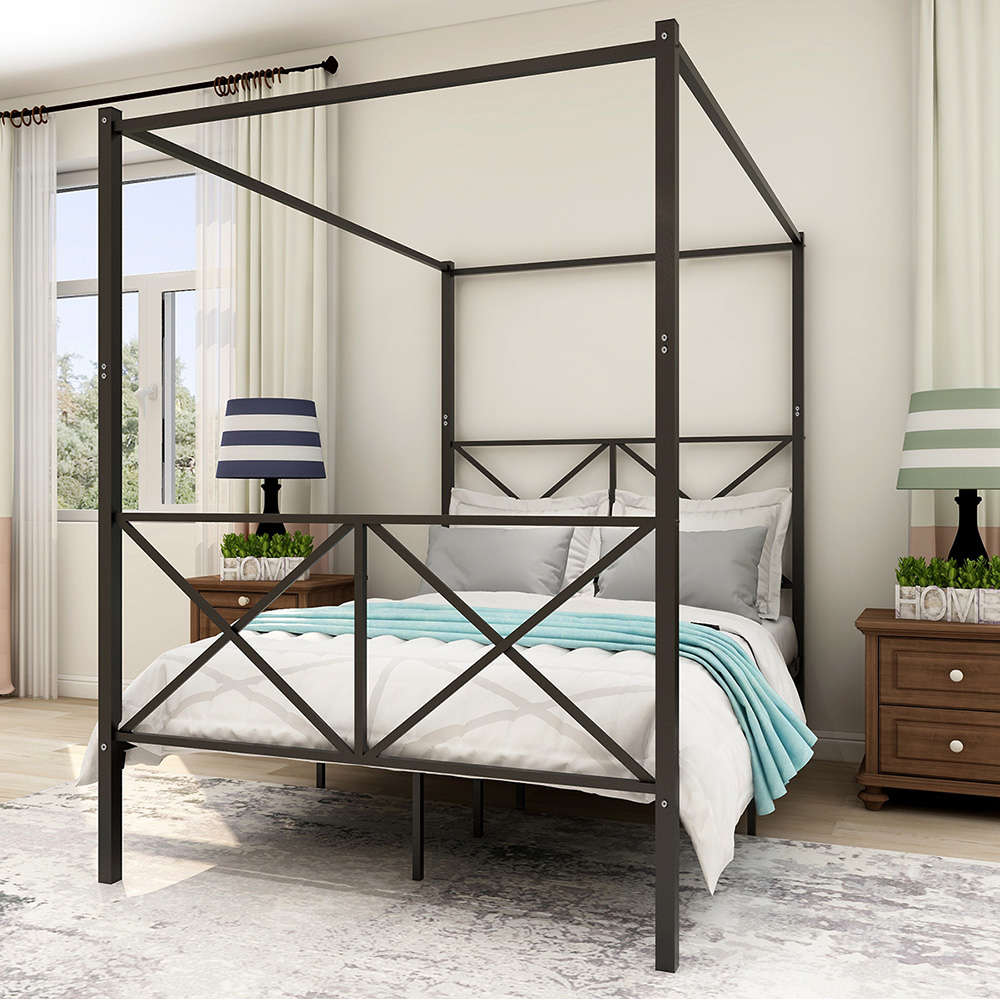 Full-Size Canopy Metal Platform Bed Frame with 4 Pillars, Headboard and Metal Slats Support, No Box Spring Needed (Only Frame) - Black