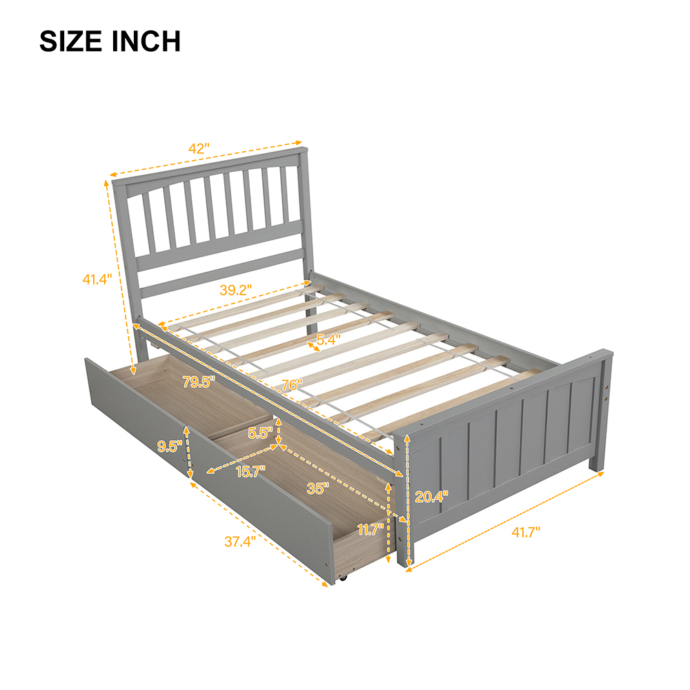 Twin-Size Platform Bed Frame with 2 Storage Drawers, Headboard and Wooden Slats Support, No Box Spring Needed (Only Frame) - Gray