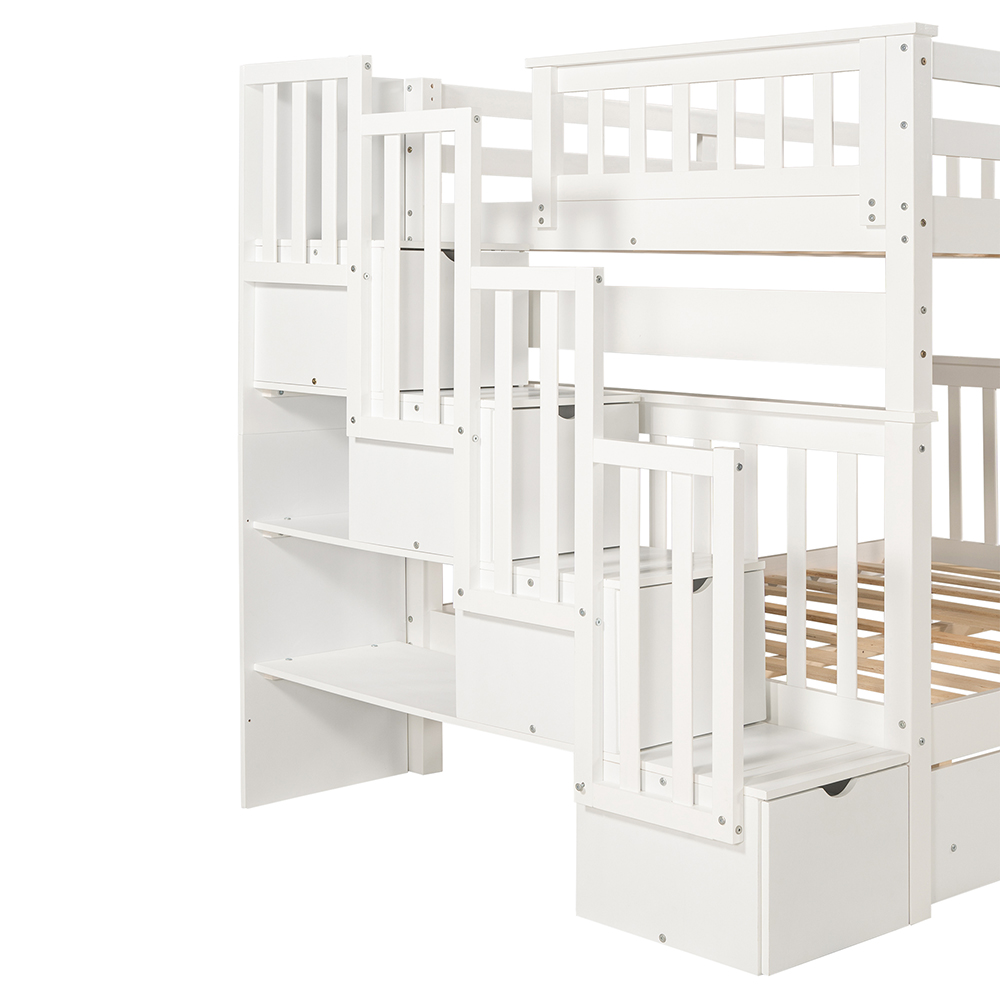 Full-Over-Full Size Bunk Bed Frame with 6 Storage Drawers, Shelves, and Wooden Slats Support, No Spring Box Required (Frame Only) - White