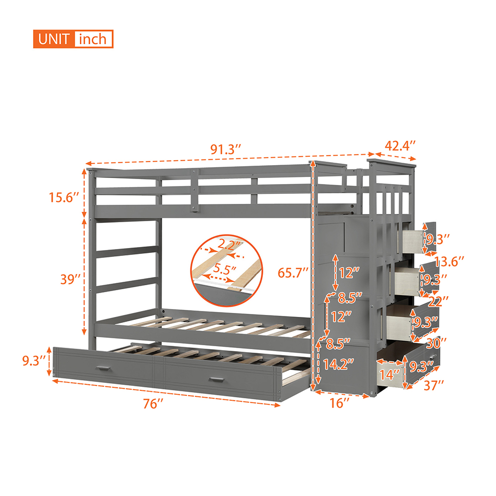 Twin-Over-Twin Size Bunk Bed Frame with Trundle Bed, Storage Stairs, and Wooden Slats Support, No Spring Box Required (Frame Only) - Gray