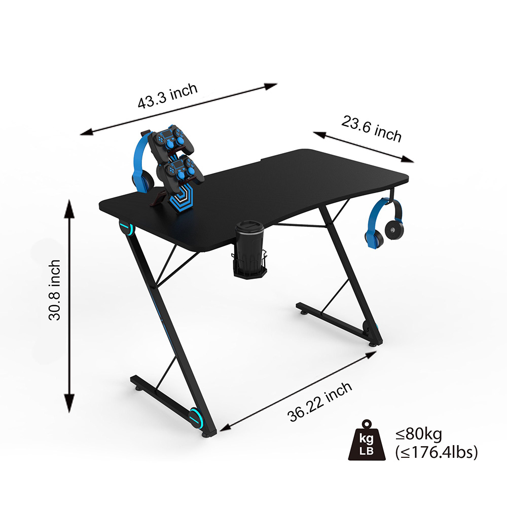 Home Office 43" Computer Desk with LED Lights, Large Carbon Fiber Surface and Z-Shaped Legs, for Game Room, Office, Study Room - Black