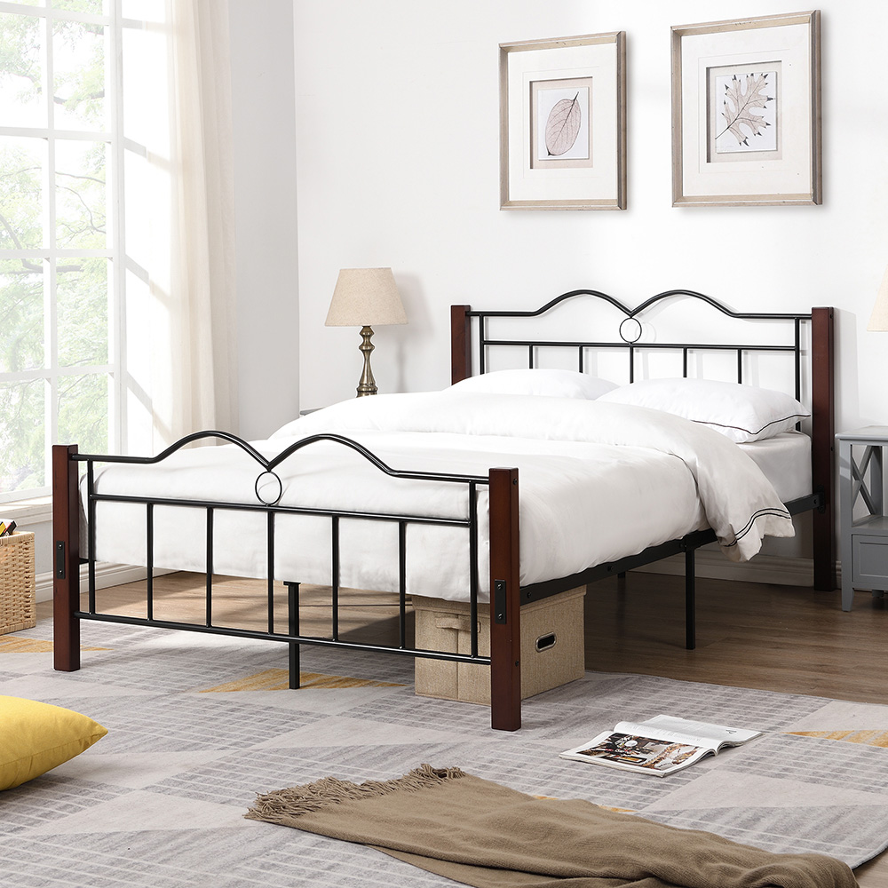Full-Size Metal Platform Bed Frame with Wooden Feet, and Steel Slats Support, No Box Spring Needed (Only Frame) - Brown
