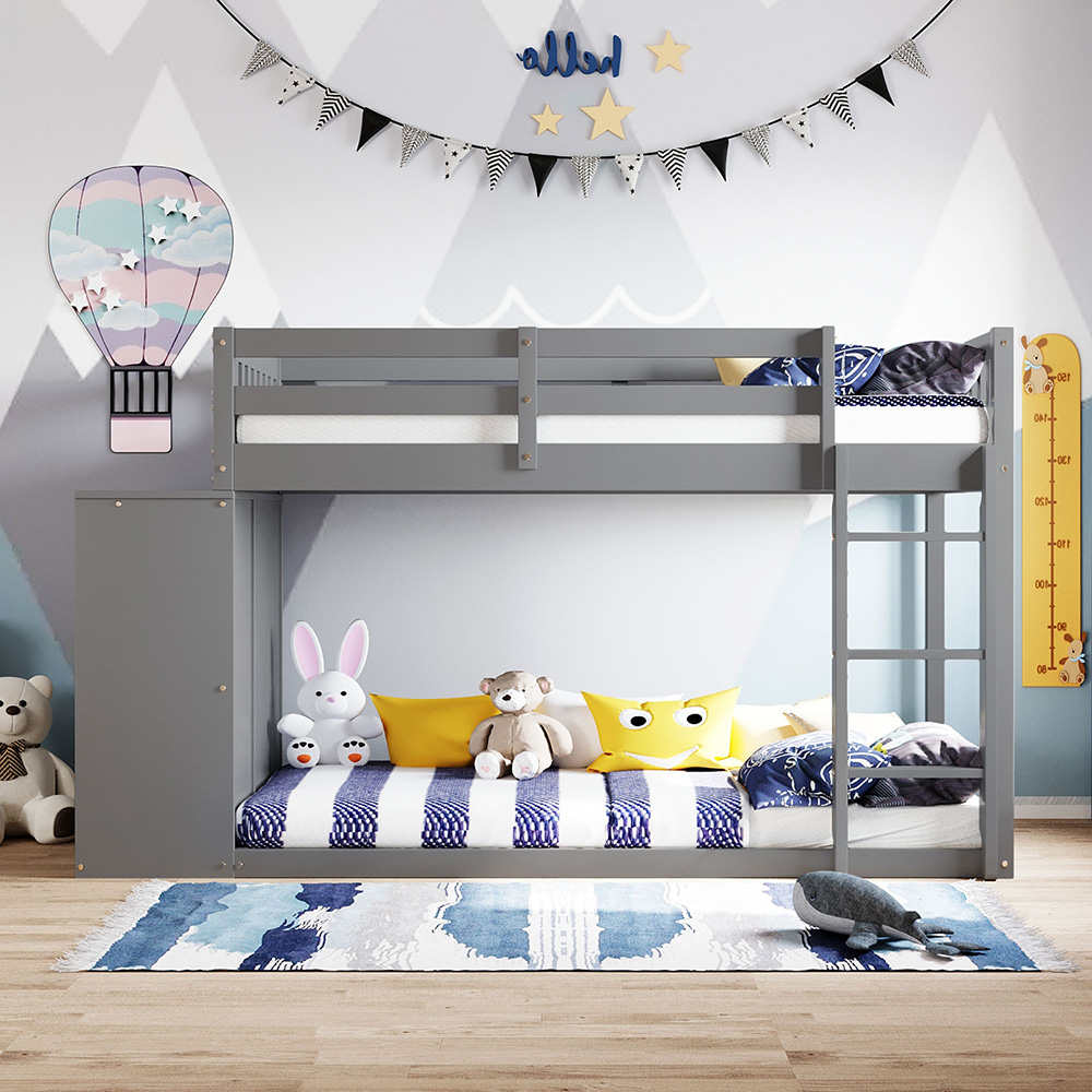 Twin-Over-Twin Size Bunk Bed Frame with 4 Storage Drawers, 3 Shelves, and Wooden Slats Support, No Spring Box Required (Frame Only) - Gray