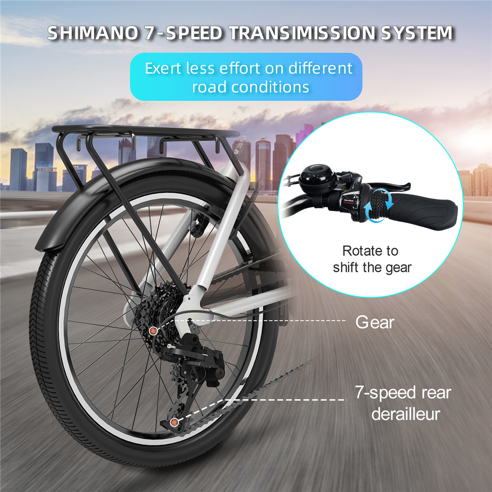 YADEA YT300 20 inch Touring Electric City Bike 350W OKAWA Mid Drive Motor SHIMANO 7-Speed Rear Derailleur 36V 7.8Ah Removable Battery 25km/h Max speed up to 60km Max Range LED Headlight - White