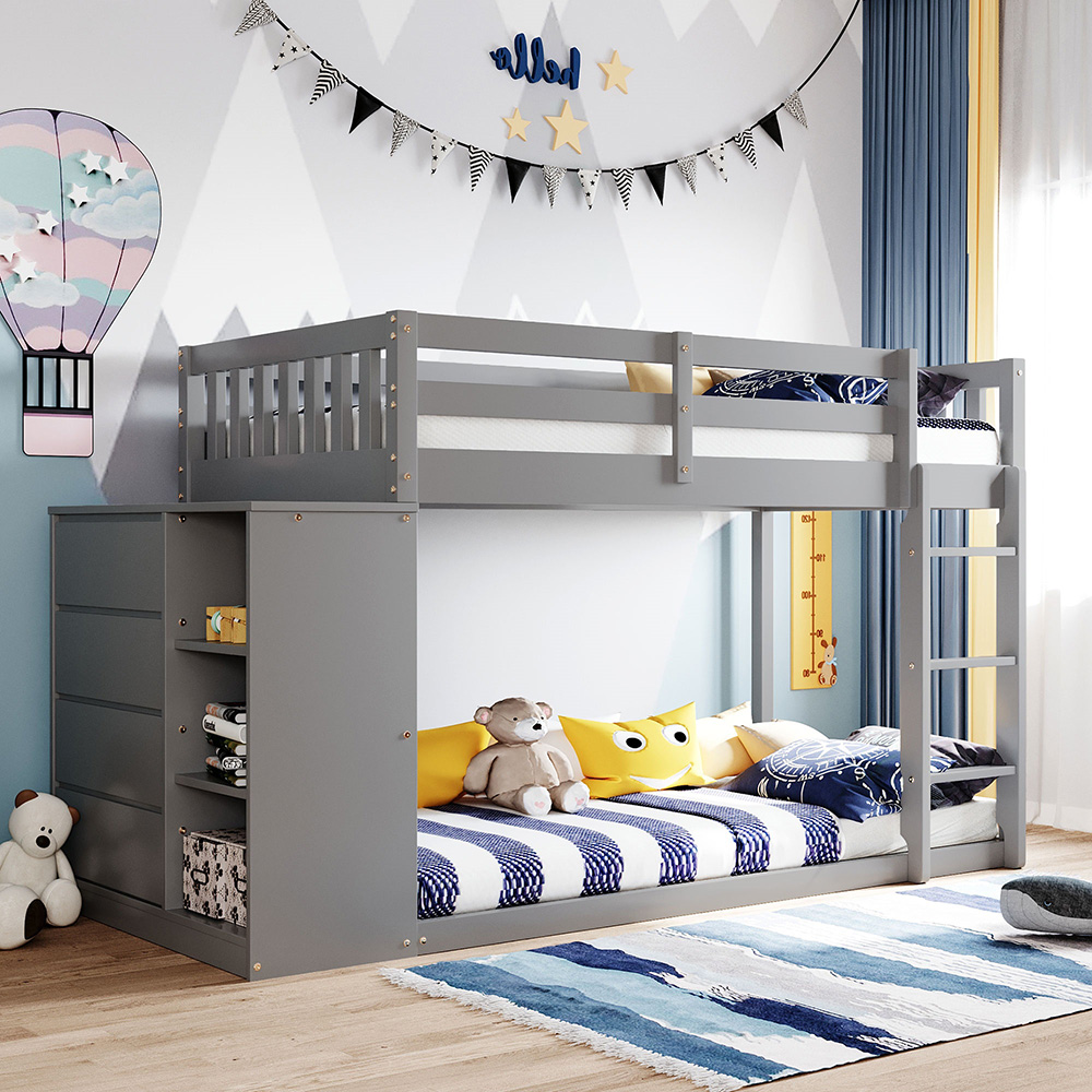 Twin-Over-Twin Size Bunk Bed Frame with 4 Storage Drawers, 3 Shelves, and Wooden Slats Support, No Spring Box Required (Frame Only) - Gray