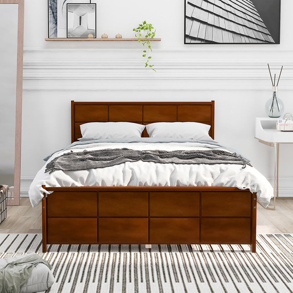 Full-Size Platform Bed Frame with Rectangular Line Shape Headboard and Wooden Slats Support, No Box Spring Needed (Only Frame) - Walnut