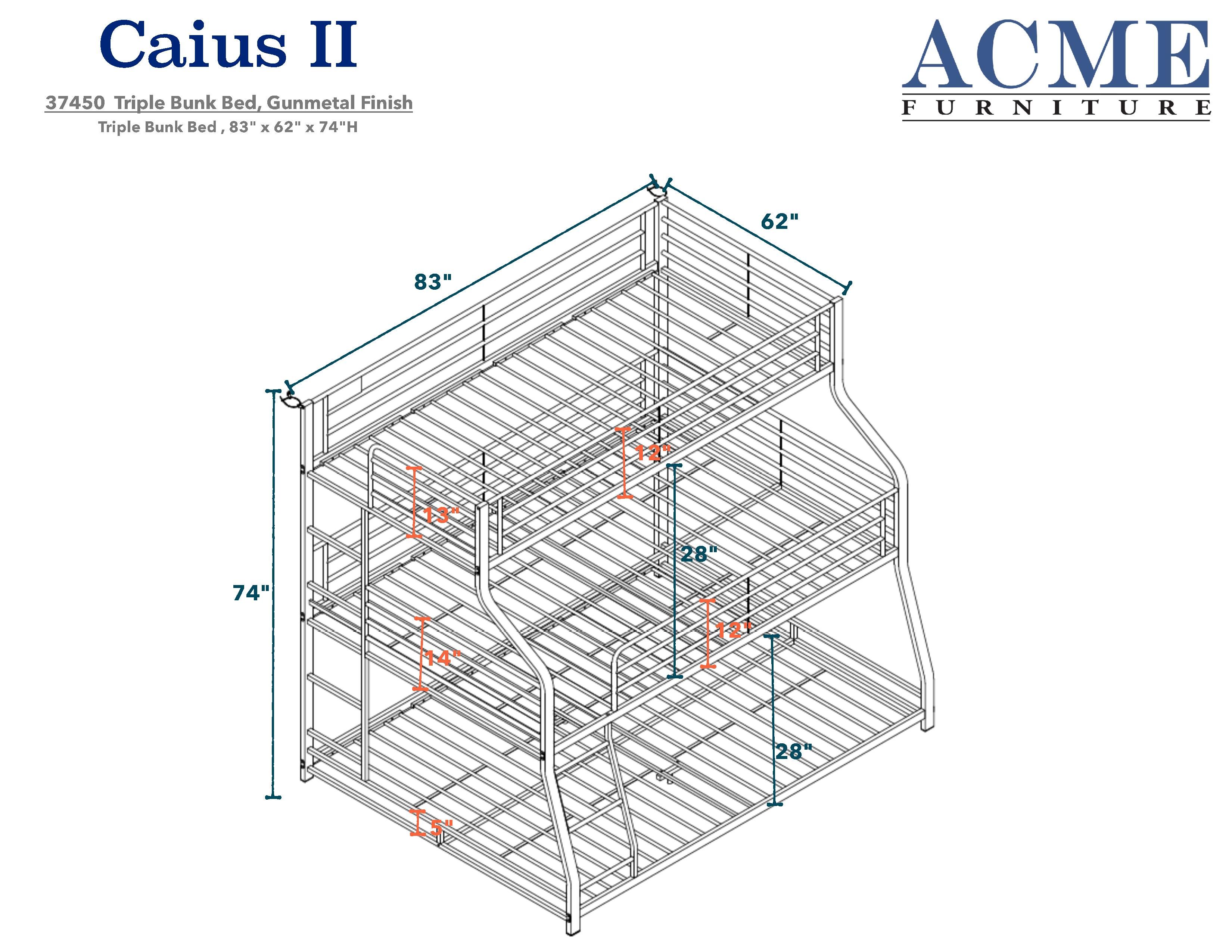 ACME Caius Twin-Over-Full-Over-Queen Size Triple Bed Frame with Ladder, and Metal Slats Support, No Spring Box Required (Frame Only) - Gunmetal