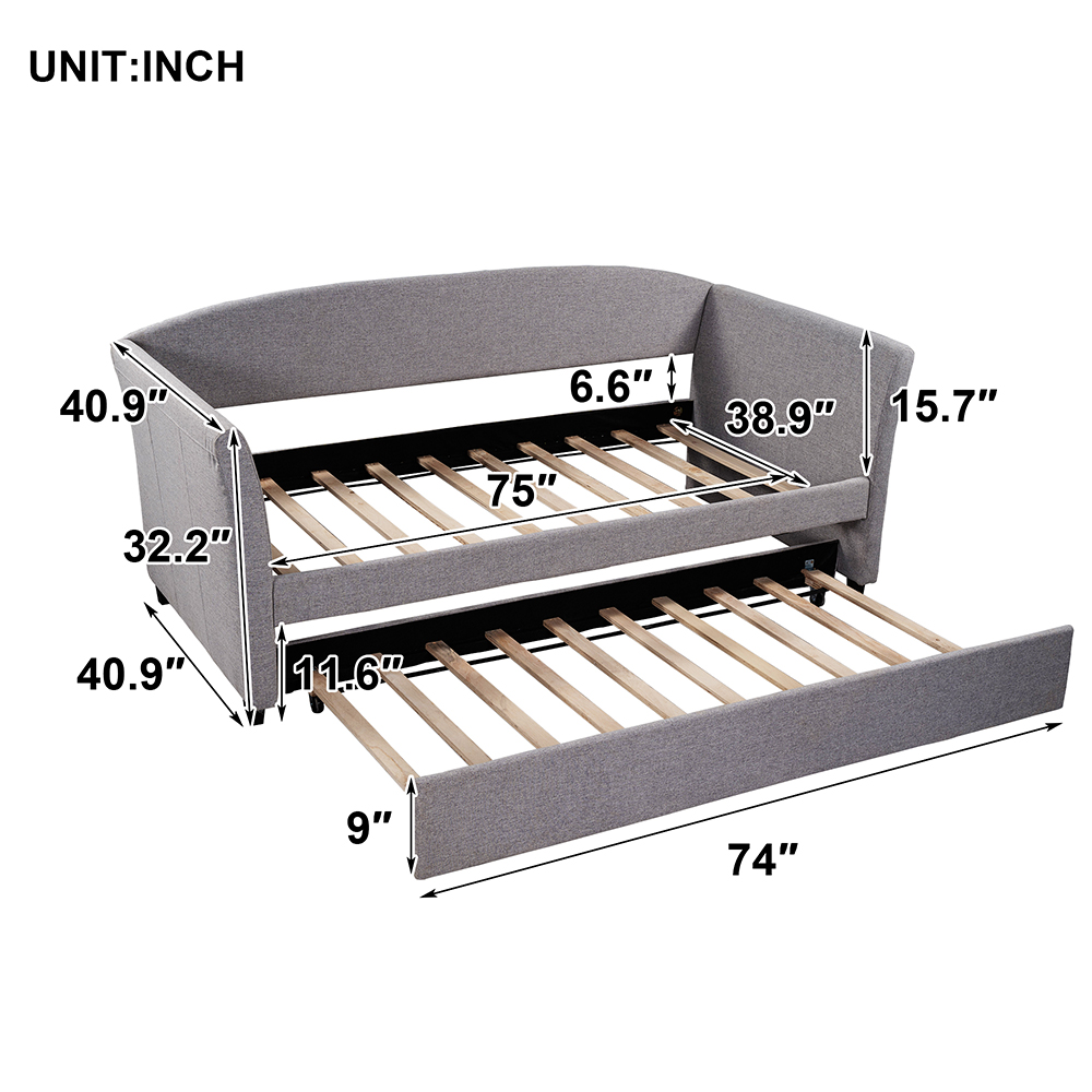 Twin Size Upholstered Daybed with Trundle Bed, and Wooden Slats Support, Space-saving Design, No Box Spring Needed - Gray