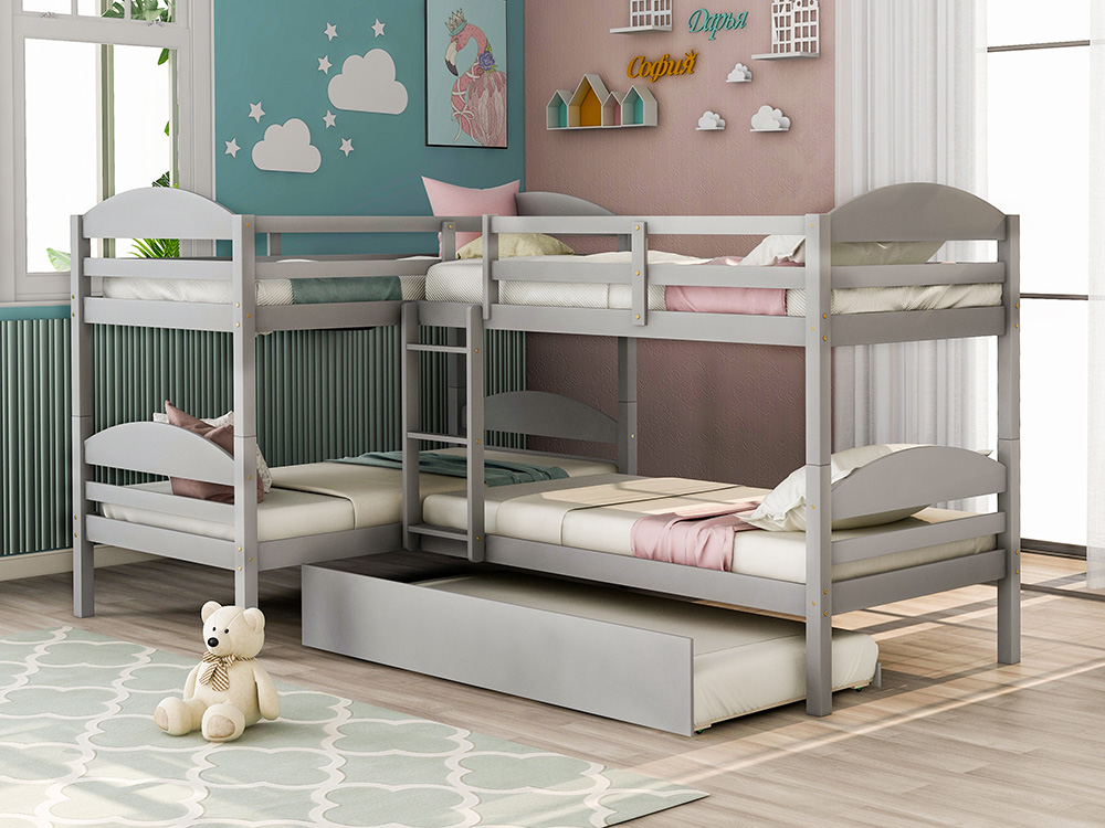 Twin-Over-Twin Size L-Shaped Bunk Bed Frame with Trundle Bed, Ladder, and Wooden Slats Support, No Spring Box Required (Frame Only) - Gray