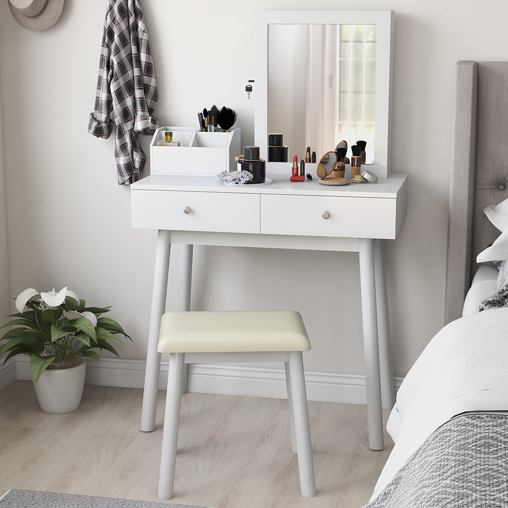 Multifunctional Dressing Table with Mirror, 2 Storage Drawers and Lockable Jewelry Cabinet - White