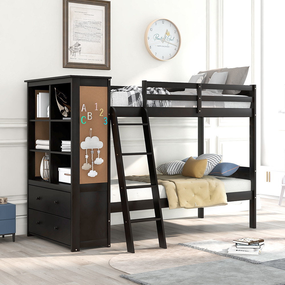Twin-Over-Twin Size Bunk Bed Frame with Bookcase, Storage Drawers, and Wooden Slats Support, No Spring Box Required (Frame Only) - Espresso