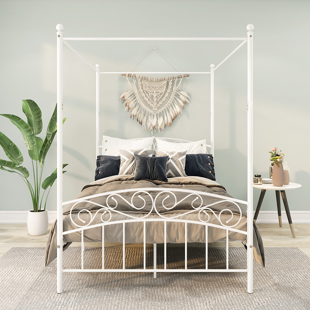 Queen-Size Canopy Metal Platform Bed Frame with 4 Pillars, Headboard and Metal Slats Support, No Box Spring Needed (Only Frame) - White