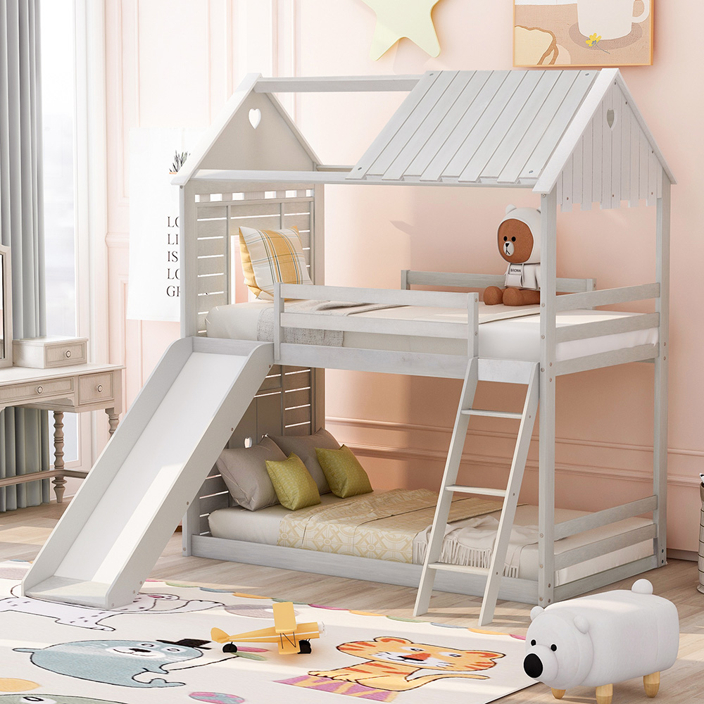 Twin-Over-Twin Size House-Shaped Bunk Bed Frame with Slide, Ladder, and Wooden Slats Support, No Spring Box Required (Frame Only) - White