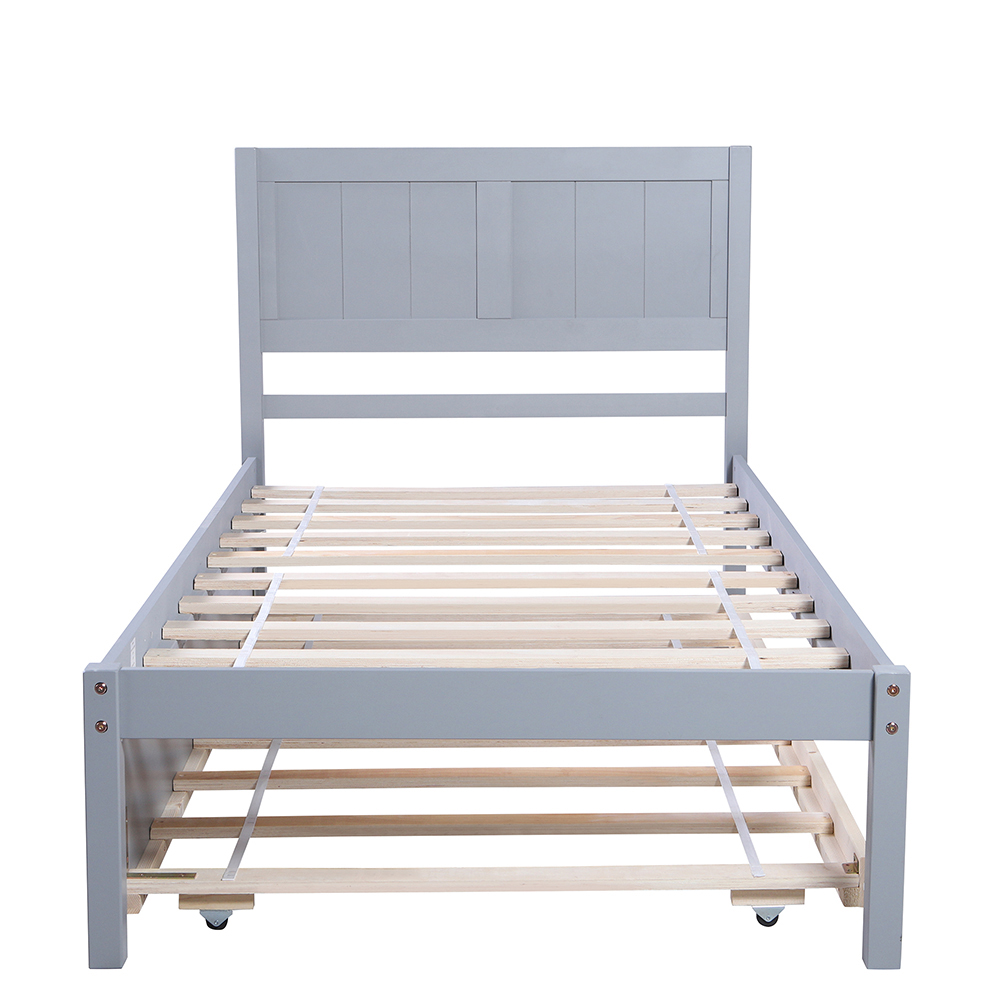 Twin-Size Platform Bed Frame with Trundle Bed, Headboard and Wooden Slats Support, No Box Spring Needed (Only Frame) - Gray