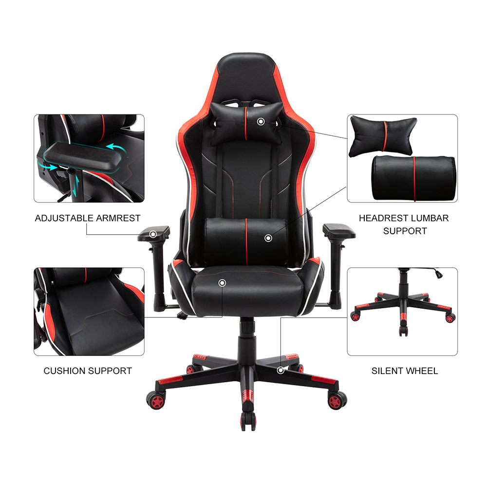 Home Office PU Leather Rotatable Gaming Chair Height Adjustable with Ergonomic High Backrest and Casters - Red