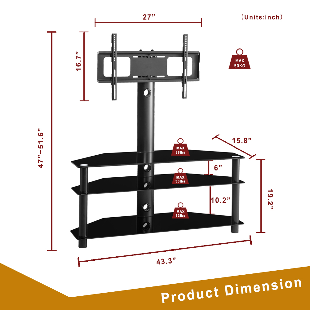 43" Tempered Glass TV Stand, Angle and Height Adjustable Media Storage Stand, for Living Room, Entertainment Center - Black