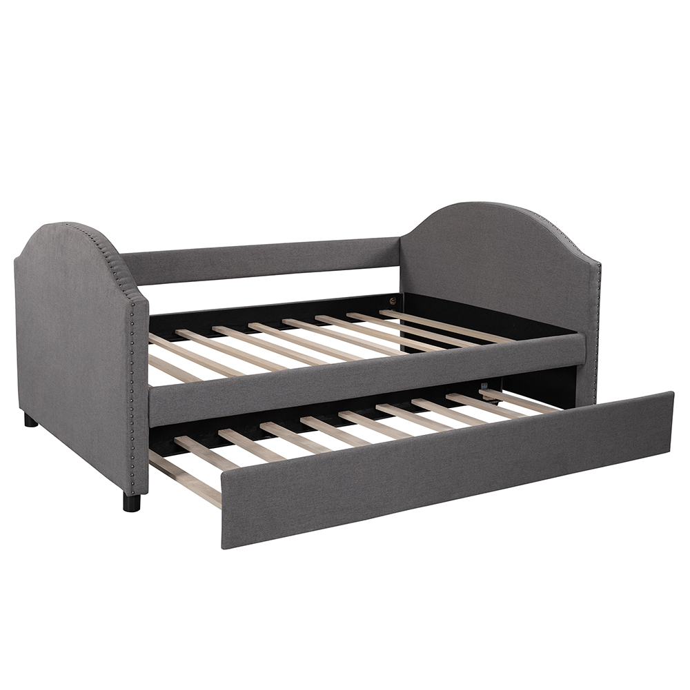Full-Size Fabric Upholstered Daybed with Twin-Size Trundle Bed, and Wooden Slats Support, Space-saving Design, No Box Spring Needed - Gray