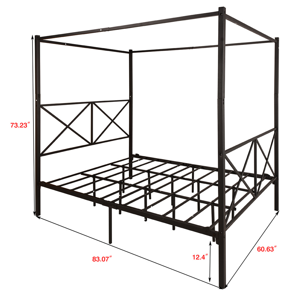 Queen-Size Canopy Metal Platform Bed Frame with 4 Pillars, Headboard and Metal Slats Support, No Box Spring Needed (Only Frame) - Black