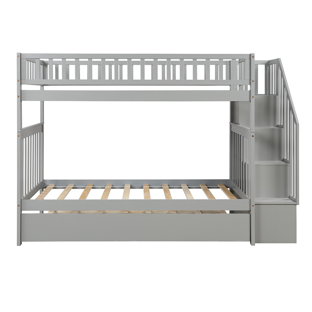 Twin-Over-Twin Size Bunk Bed Frame with Trundle Bed, Storage Shelves, and Wooden Slats Support, No Spring Box Required (Frame Only) - Gray