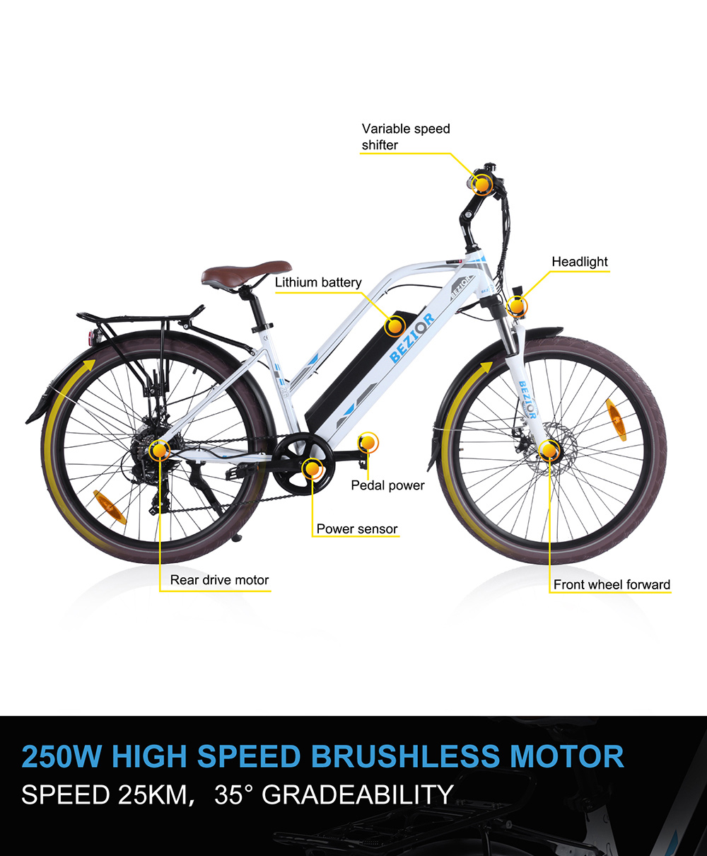 BEZIOR M2 Electric Bike 48V 12.5Ah Battery 250W Brushless Motor 26 inch Tire Aluminum Alloy Frame Shimano 7-speed Shift Max Speed 25km/h 80KM Power-assisted mileage Range 5 inch Smart LCD Meter - White
