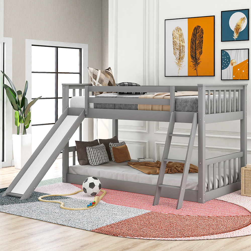 Twin-Over-Twin Size Bunk Bed Frame with Slide, Ladder, and Wooden Slats Support, No Spring Box Required (Frame Only) - Gray