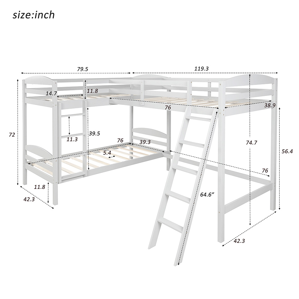 Twin-Over-Twin Size L-Shaped Bunk Bed Frame with Loft Bed, Ladder, and Wooden Slats Support, No Spring Box Required (Frame Only) - White