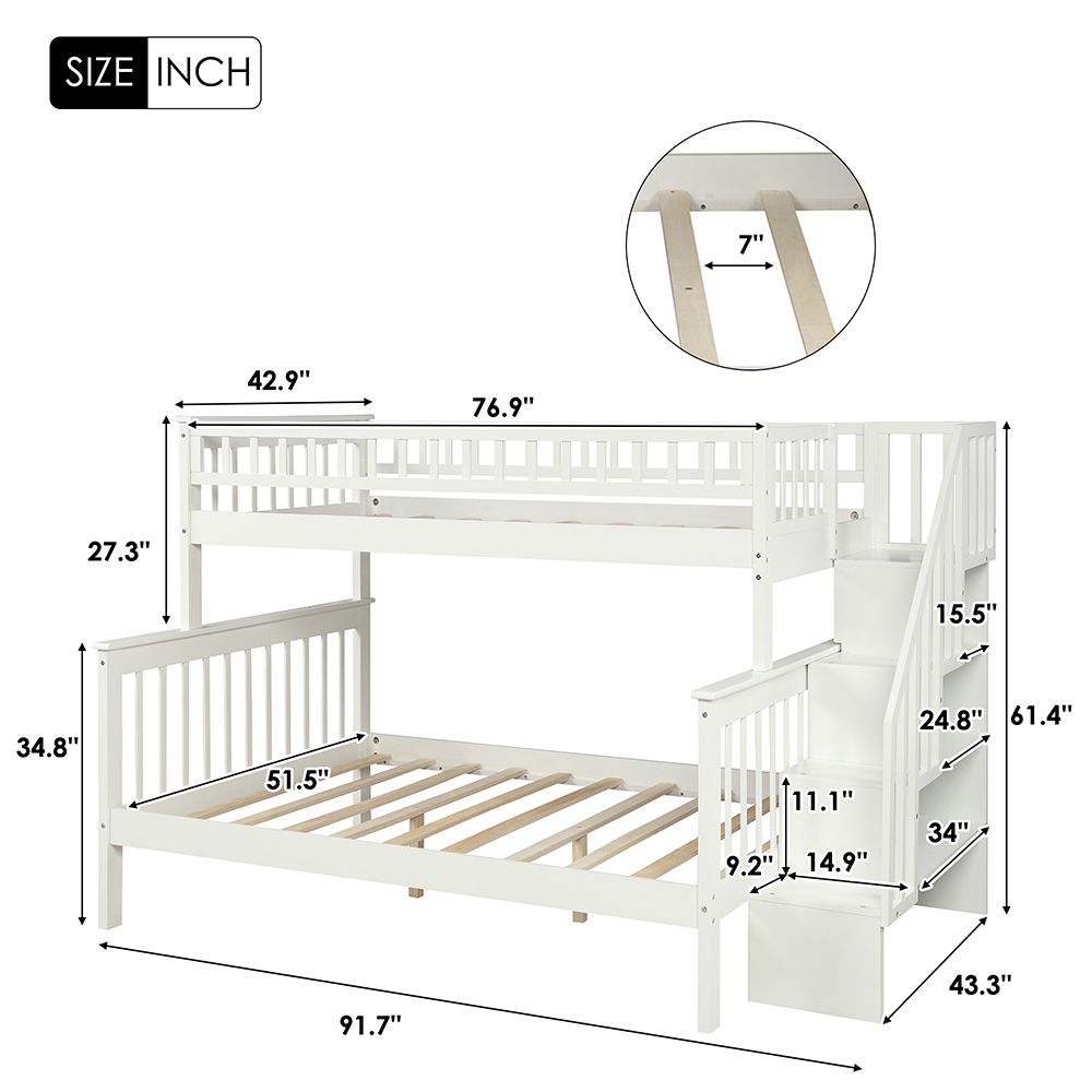 Twin-Over-Full Size Bunk Bed Frame with Storage Shelves, and Wooden Slats Support, No Spring Box Required (Frame Only) - White