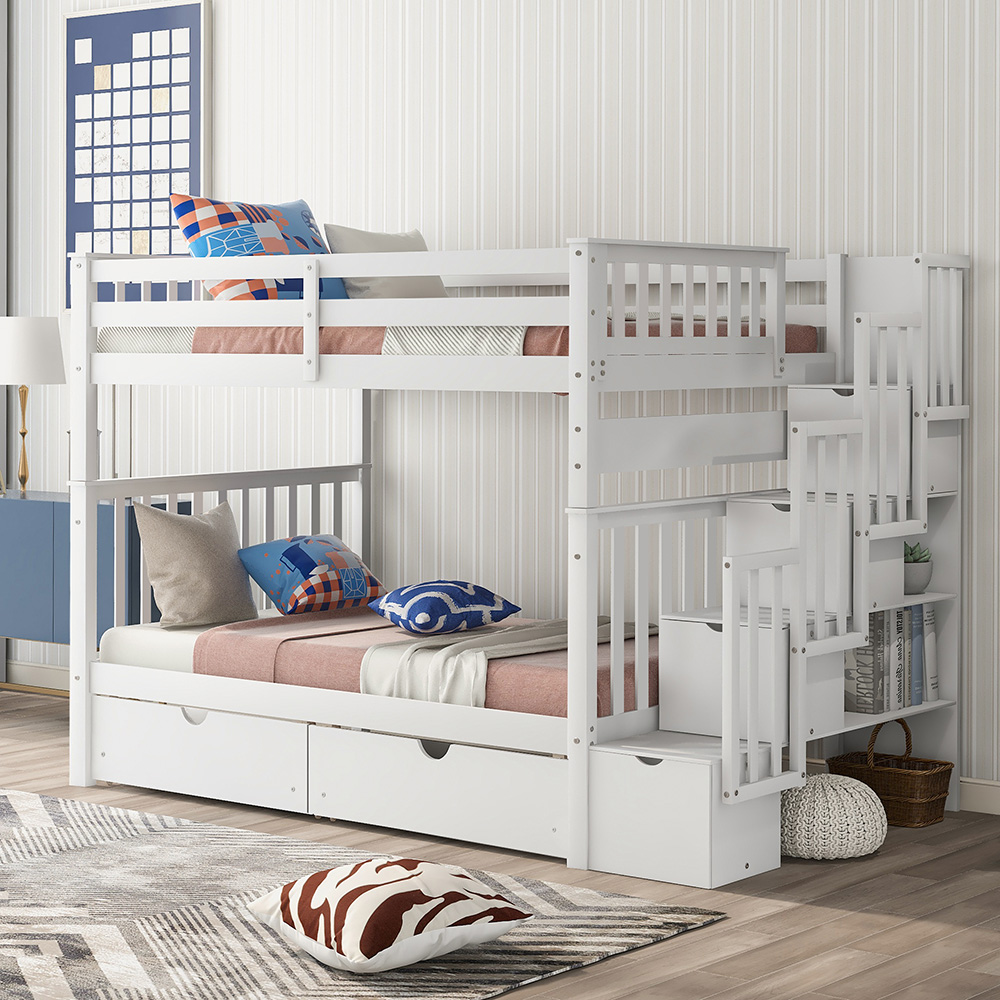 Full-Over-Full Size Bunk Bed Frame with 6 Storage Drawers, Shelves, and Wooden Slats Support, No Spring Box Required (Frame Only) - White